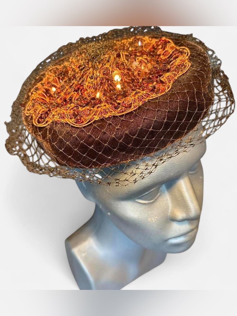 Vintage 1960s Brown Sequin Veil Hat | Copper Beaded Topper Fascinator